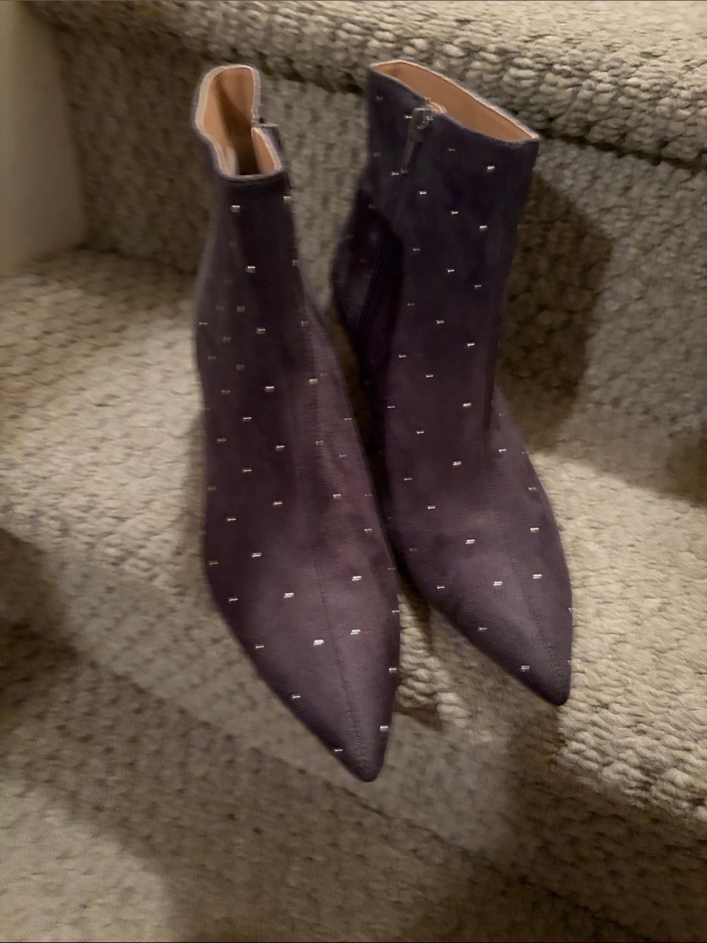 Studded Pointed-Toe Ankle Boots - Grey